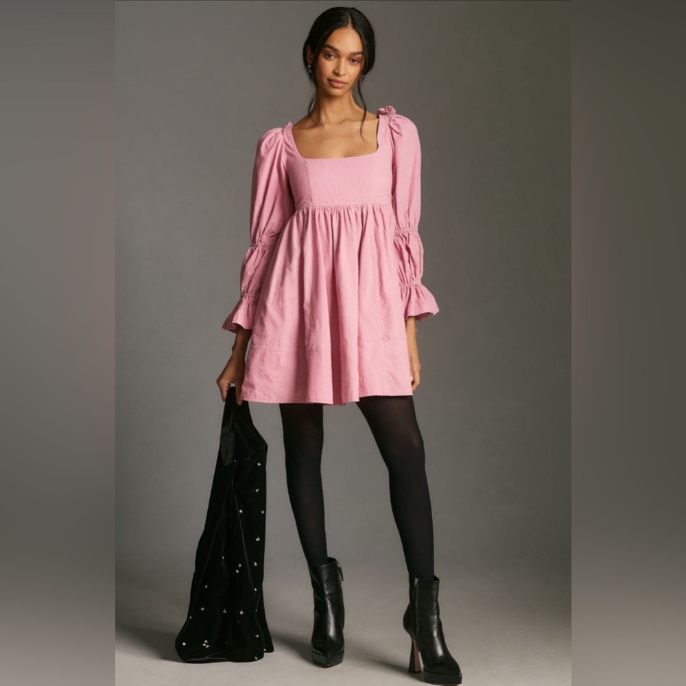 ✨ NWOT Anthropologie Square-Neck Corduroy Babydoll Mini Dress Sz L - Picture 3 of 10